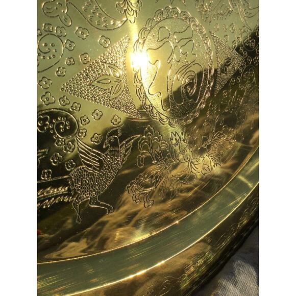 Giant brass serving platter 24"X18" birds tray oriental asian gold partridge MCM - Picture 4 of 16